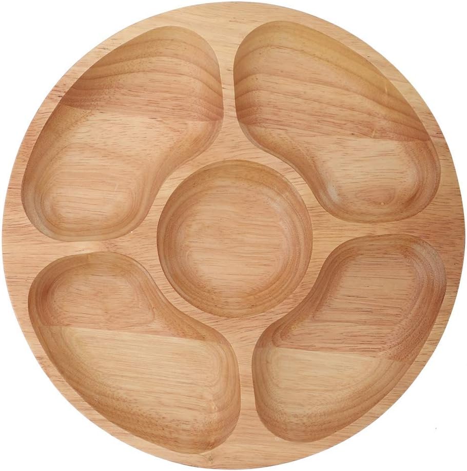 Food Snacks Candy - 5-teiliges Serviertablett, Runde Holz-Servierplatte mit Unterteilungen